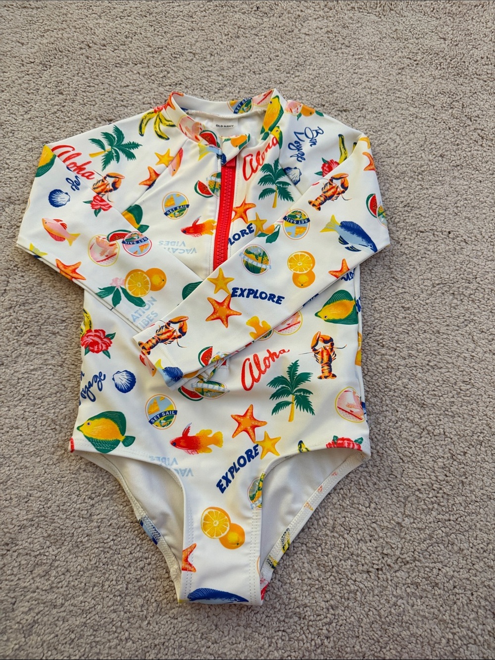 Old Navy 3T White Tropical Print Long Sleeve Rash Guard Swimsuit